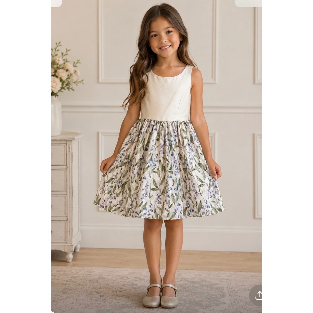 Belle Badgley Mischka Girls Cream‎ Floral Lace Sleeveless Party Dress Size 8